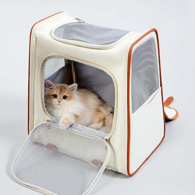 Faux Leather Cat Backpack Carrier,Cat Carrying Backpack for Small Cats and Dogs,Combines Light-Blocking Capabilities for Privacy Protection with air Circulation,Cushion Back Support