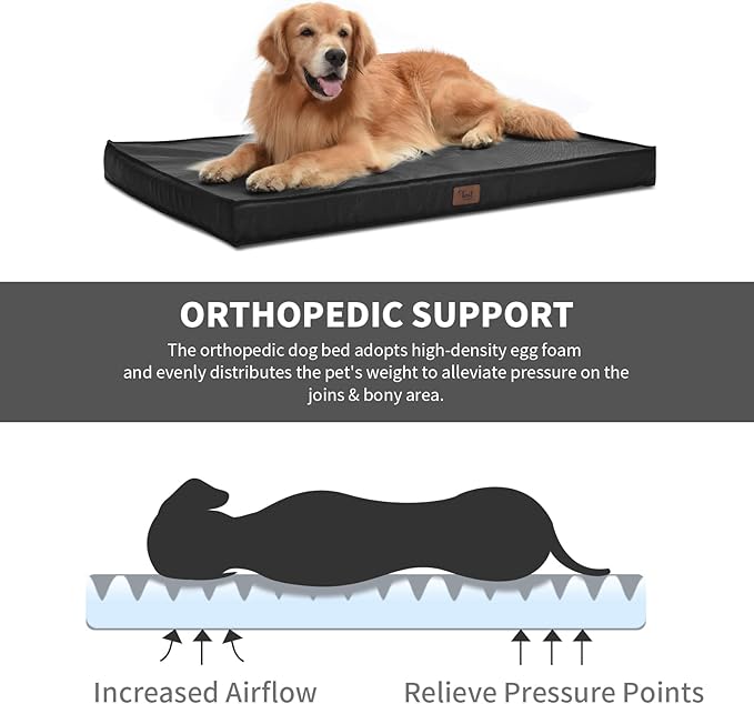 Outdoor Orthopedic Dog Bed for Medium Dogs & Cats, Waterproof Flat Pet Mat with Egg Crate Foam & Washable Removable Oxford Cover, 30x20 Inch, Black
