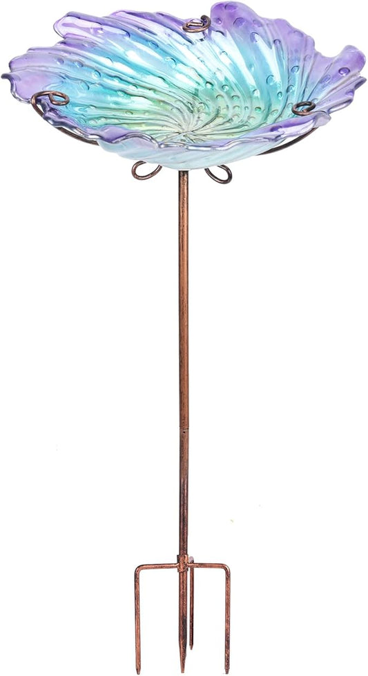MUMTOP Glass Bird Baths for Outdoors, Garden Bird Bath Bowl with Metal Stake Birdbaths for Outside Yard Outdoor, Purple