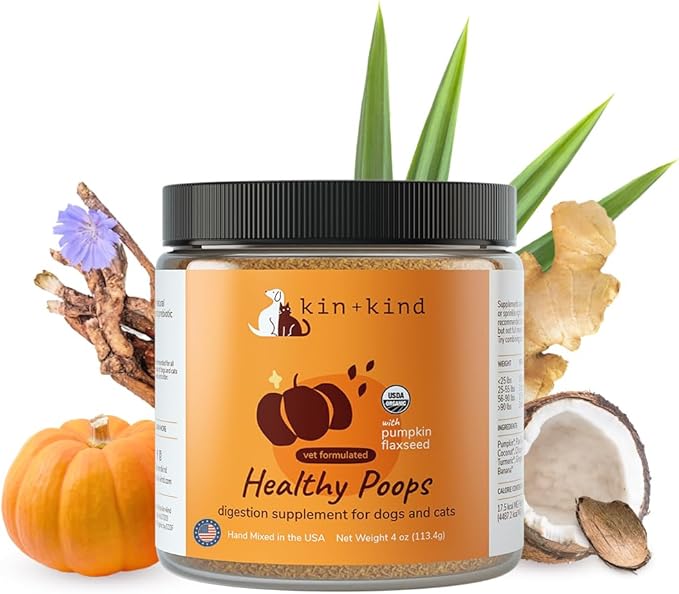 kin+kind Probiotics for Dogs - Digestive Health Support with Prebiotics & Fiber Powder - Cat and Dog Vitamins and Supplements for Gut Health, Healthy Poops & Immune Support - Made in USA - 4 oz
