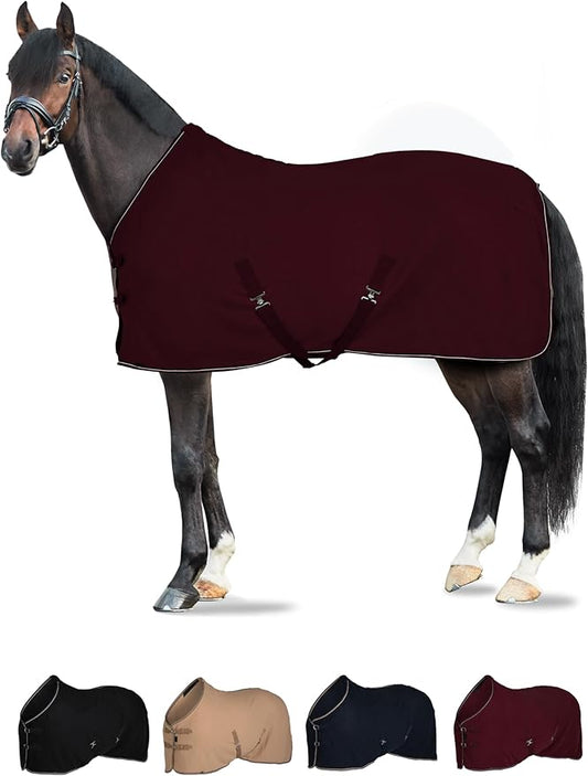 HORZE Kiel Fleece Horse Cooler Blanket | Quick-Dry Fleece Horse Cooler Sheet with X-Surcingles & Tail Cord - Dark Red - 72 in