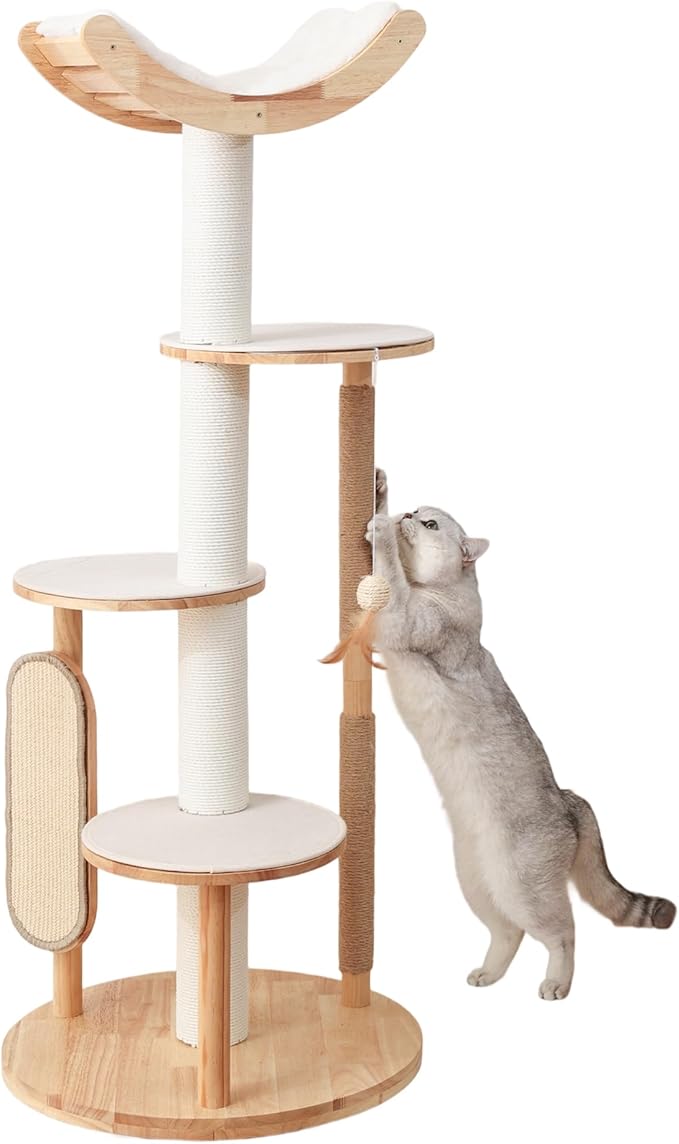 KVIDA Solid Wood Cat Tree 54.7" – Modern Floor Cat Tower for Large & Multiple Cats, Stable Rubber Wood Design with Hammock, Sisal Scratch Posts & Easy-Clean No-Carpet Platforms
