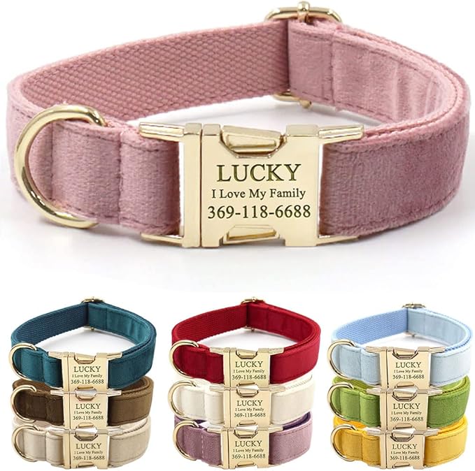 PETDURO Personalized Dog Collar Champagne Pink Soft Velvet for Large Medium Small Girl Dogs - Custom Collar with Name Phone Engraved on Gold Metal Buckle - Add Matching Leash Bow Set via Customize Now