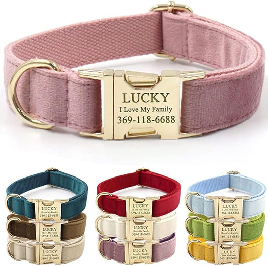 PETDURO Custom Dog Collar Personalized with Name Engraved Gold Metal Buckle for Large Medium Small Girl Dogs - Dog Leash and Bow Tie Available - Soft Comfy Velvet (Champagne Pink, L)