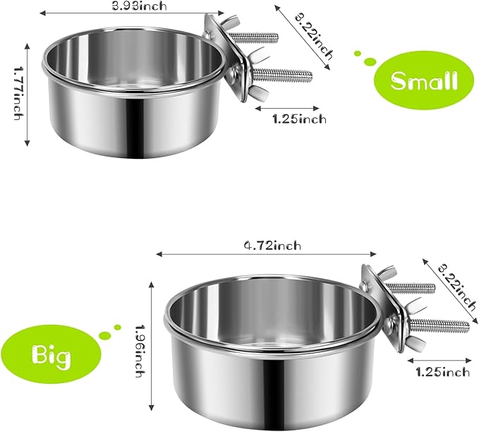 2 Pcs Small Pet Dog Food Water Bowl for Cage Stainless Steel Non-Spill Kennel Hanging Cats Pets Bowls with Clamp Holder Crate Feeder Dish for Small Dogs Pets (4.7x1.9'' & 3.9x1.7'')