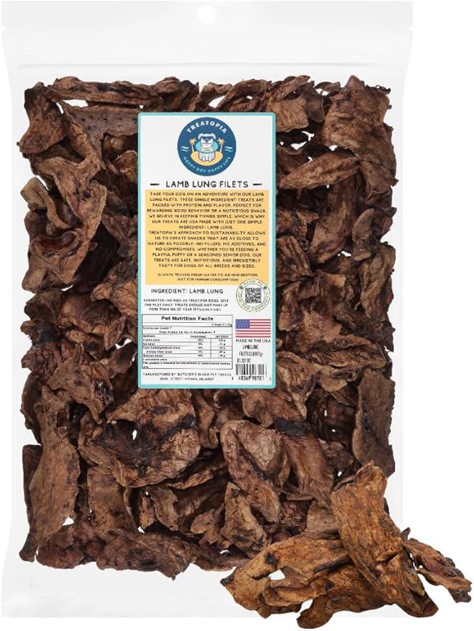 TREATOPIA Lamb Lung Filet Dog Treats, 2 LB Bag - All-Natural, Sustainable, Healthy, High Protein, Hand-Trimmed, Slow-Roasted, Made in The USA, Nutritious, No Additives, No Fillers