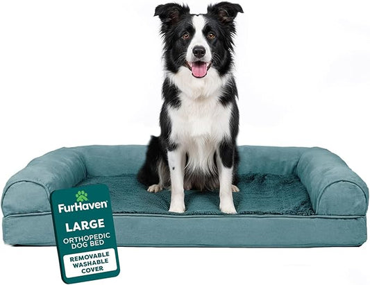 Furhaven Orthopedic Dog Bed for Large/Medium Dogs w/ Removable Bolsters & Washable Cover, For Dogs Up to 55 lbs - Plush & Suede Sofa - Deep Pool, Large