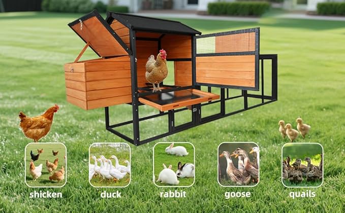 KEIKI 113" Wooden Chicken Coop with Run, Large Outdoor Hen Cage with Nesting Box and Predator-Proof Lock, Waterproof Anti-UV Roof Rabbit Hutch for Backyard Poultry, Brown