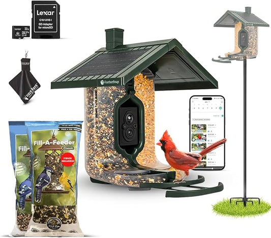 Smart Bird Feeder with AI Identification & HD Camera – Solar-Powered Wi-Fi Feeder Sends Photos & Videos to Your Phone – Includes Pole Mount, Bird Seed, 32GB SD Card, & Cleaning Cloth