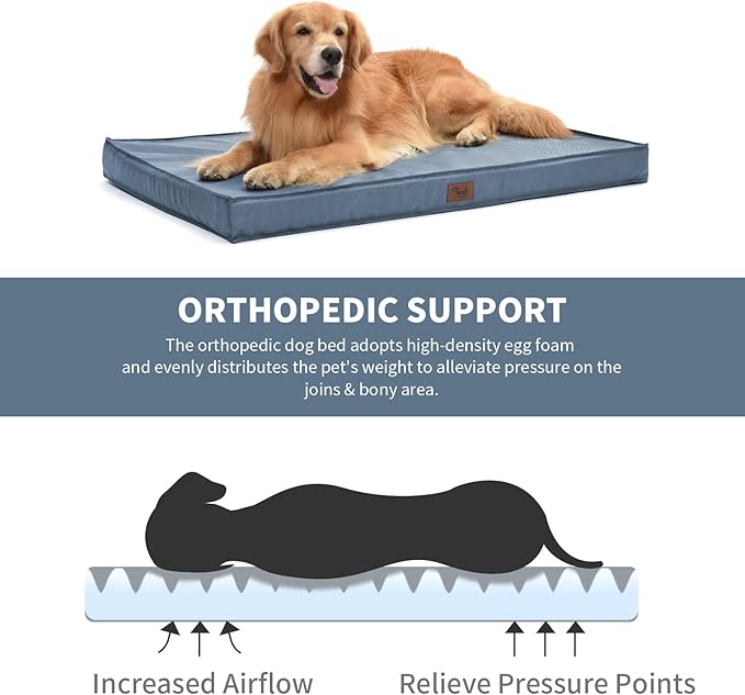 Outdoor Extra Large Dog Crate Bed, XXL Waterproof Dog Bed for Giant Breeds Dogs, 47x29 Inch Orthopedic Egg Crate Foam Pet Mat with Removable Cooling Cover, Blue