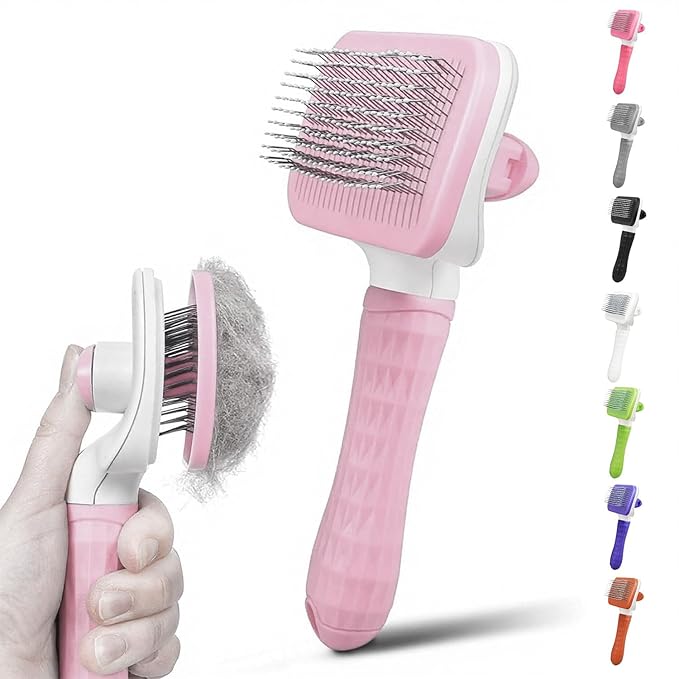 Self Cleaning Slicker Brush, Dog Cat Bunny Pet Grooming Shedding Brush, Easy to Remove Loose Undercoat, Pet Massaging Tool Suitable for Pets with Long or Short Hair (Baby Pink)