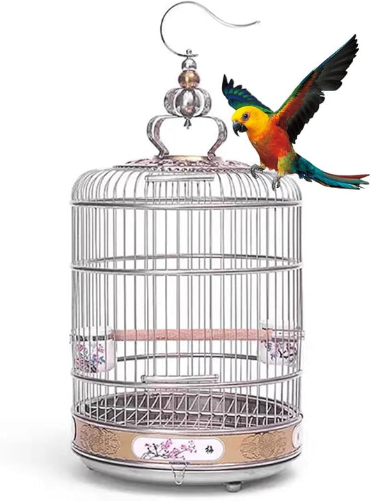 Portable Hanging Bird Cage, Stainless Steel Travel Cage for Canaries, Parakeets & Small Birds with Wooden Pole & Ceramic Cup, for Pet Starlings