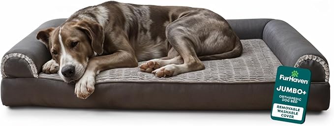 Furhaven Orthopedic Dog Bed for Large Dogs w/ Removable Bolsters & Washable Cover, For Dogs Up to 125 lbs - Luxe Faux Fur & Performance Linen Sofa - Charcoal, Jumbo Plus/XXL