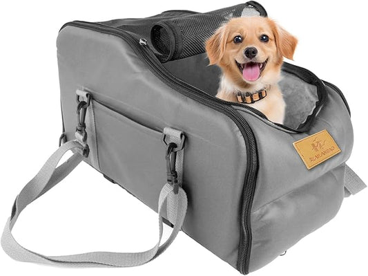 Multipurpose Console Dog Car Seat for Small Dogs & Cats， Portable Pet Carrier with Safety Tether & Storage Pockets (Black, Middle)