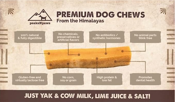 peaksNpaws Yak Cheese, High Protein, Himalayan Dogs Chews, Natural Dog Treats, Lactose Free, Long Lasting Dogs Treat for Aggressive Chewers Under 55 lbs 20 Large Chew Sticks