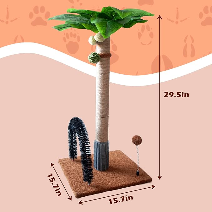 29.5 Inches Tall Cat Scratching Post with Arch Self Groomer Hanging Spring Balls,Brown Palm Sisal Cat Tree Kitty Activity Center for Adults Cats Kitten Indoor Cats