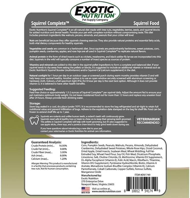 Exotic Nutrition Squirrel Complete (1.75 lb.) - Healthy Natural Food - Nutritional Diet for Pet & Captive Squirrels - Ground, Grey, Flying Squirrels, & Chipmunks