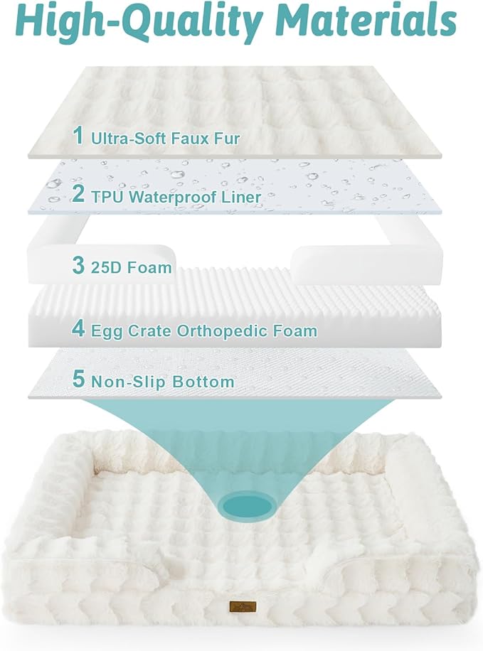 Faux Fur Orthopedic Dog Bed, Pet Couch for Large Dog, Big Supportive Foam Bolster Sofa with Waterproof Lining Cover, Anti-Slip, Soft, Warm, Washable, C-Shaped, 36x27x6.5 inch, Beige