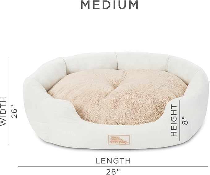 TOWN & COUNTRY EVERYDAY CuddleTown Faux Linen Comfy Cozy Cuddler Pet Bed, Supportive & Calming Egg Crate Foam, Non-Slip Bottom, Machine Washable Cover, Cream, Medium 28"x26"x8"