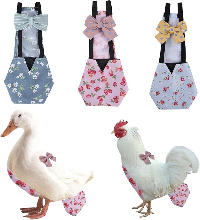MANON ROSA Chicken Diapers Bantam Hens - Reusable 3-Piece Set with Bow Ties Poultry Nappies Washable Waterproof for Geese Pet Ducks Silkie (Floral XS)
