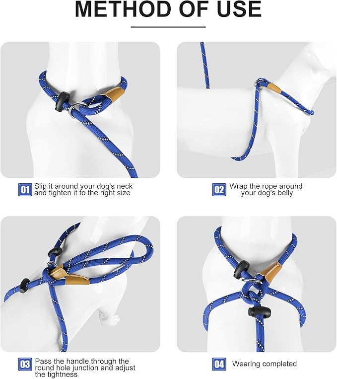 Lynxking No Pull Rope Dog Harness No Pull Reflective Leash Harness Collar 3 in 1 Dog Halter Harnesses Adjustable for Large Giant Dog (Blue, Small 3/8 inch)