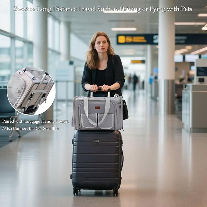 Dog Carrier Cat Carriers Grey Soft Pets Bag Airline Approved Dog Carrier for Small Dogs Carrier,2 Sides Expand,Stylish Rabbit Bunny Pets Carriers Travel Outdoor Carry Kennel