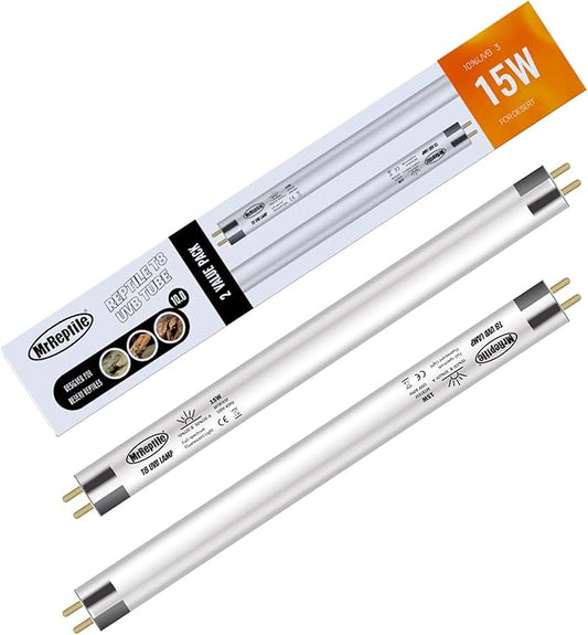 MRREPTILE T8 UVB Light Bulb, 2-Pack 15W Fluorescent Desert 10.0 UVB Lamp for Desert Reptiles, Bearded Dragon UVB Light Bar, L=18'', for Use with T8 Strip Light Fixture