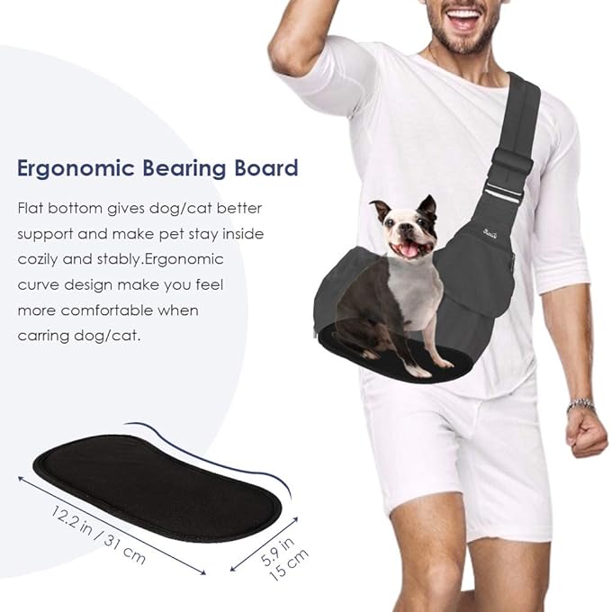 Lukovee Dog Sling Carrier, Hard Bottom Support & Adjustable Soft Padded Shoudler Strap Dog Slings for Small Dogs, Dog Purse with Drawstring Mesh Opening & Zipper Pockets for Puppy Cat Pet (Black)