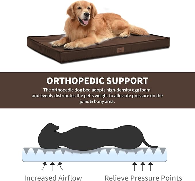 Outdoor Dog Bed Waterproof, Outside Orthopedic Dog Bed for Medium Dogs & Puppies, Egg Crate Foam Pet Mat with Removable Washable Oxford Cover, 30x20 Inch, Brown