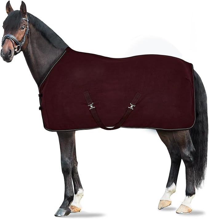 HORZE Kiel Fleece Horse Cooler Blanket | Quick-Dry Fleece Horse Cooler Sheet with X-Surcingles & Tail Cord - Dark Red - 66 in