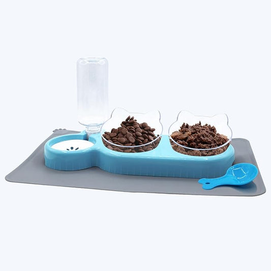 Triple Cat Bowls with Water Dispenser, Pet Whisker Friendly Water and Food Bowl Set with Non-Slip Mat, 15° Tilted Double Feeding Bowls, Elevated Wet and Dry Food Dish for Kitten&Small Dog (Blue)