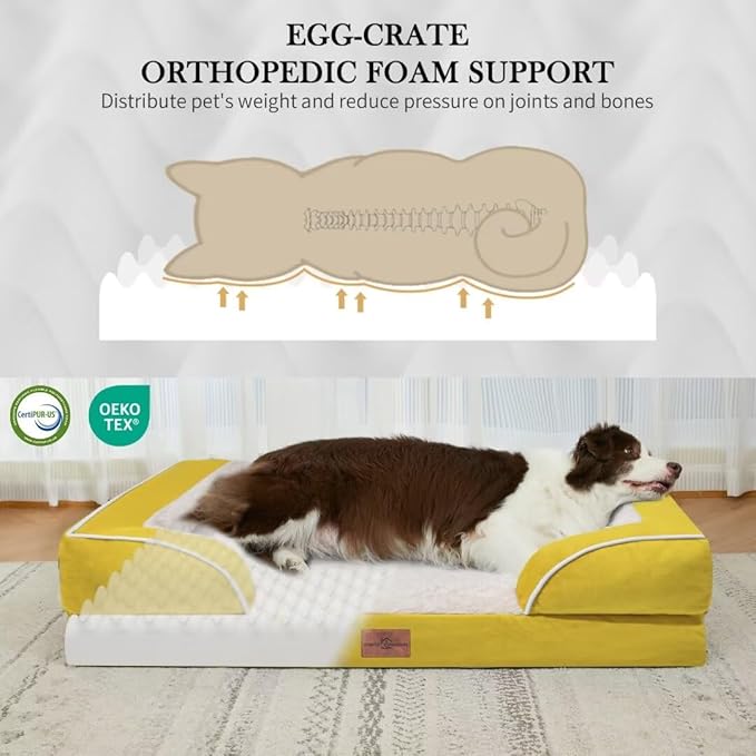 Comfort Expression Orthopedic Dog Bed for Extra Large Dogs 45x35 Inch, Waterproof Egg Crate Foam XL Pet Bed with Removable Bolsters, Dog Couch with Washable Cover & Non-Slip Bottom, Spicy Mustard
