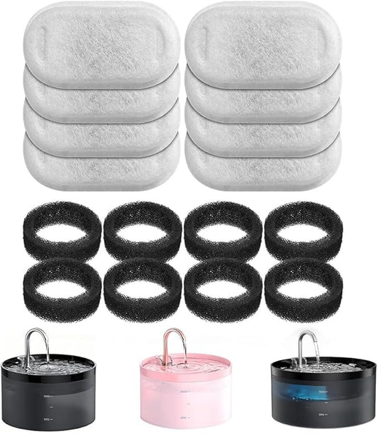 GIOTOHUN 16 Cat Water Fountain Filters, 8 Pieces Filters + 8 Pieces Foam Filters for Cat Fountains, Filtering Hair (Sponge), Triple Filtering (Filter), Suitable for GIOTOHUN Cat Fountain, White
