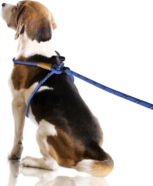 Lynxking No Pull Rope Dog Harness No Pull Reflective Leash Harness Collar 3 in 1 Dog Halter Harnesses Adjustable for Large Giant Dog (Blue, Extra Large(up to 80Ibs) 10ft*1/2")