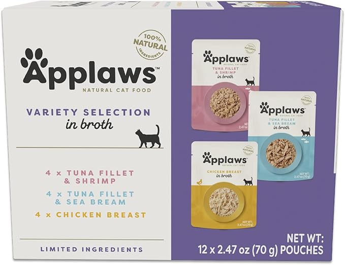 Applaws Natural Wet Cat Food in Broth, Limited and Natural Ingredients, High Protein with No Artificial Additives, Variety Pack in Broth (12 x 2.47oz Pouches)