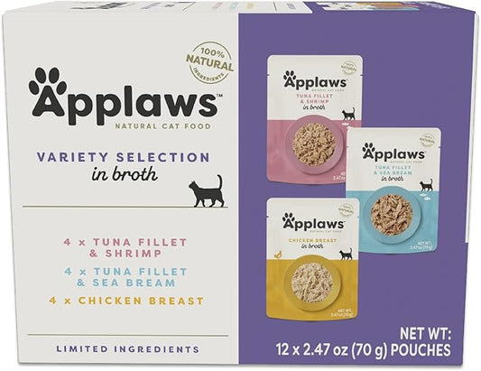 Applaws Natural Wet Cat Food in Broth, Limited and Natural Ingredients, High Protein with No Artificial Additives, Variety Pack in Broth (12 x 2.47oz Pouches)