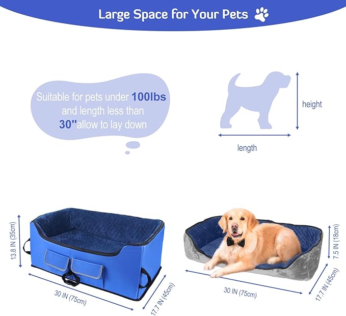 INFANZIA Dog Booster Car Seat for Small Medium Large Dogs, Elevated Pet Car Seats with Safety Leash for Pets Under (Royal Blue, Large)