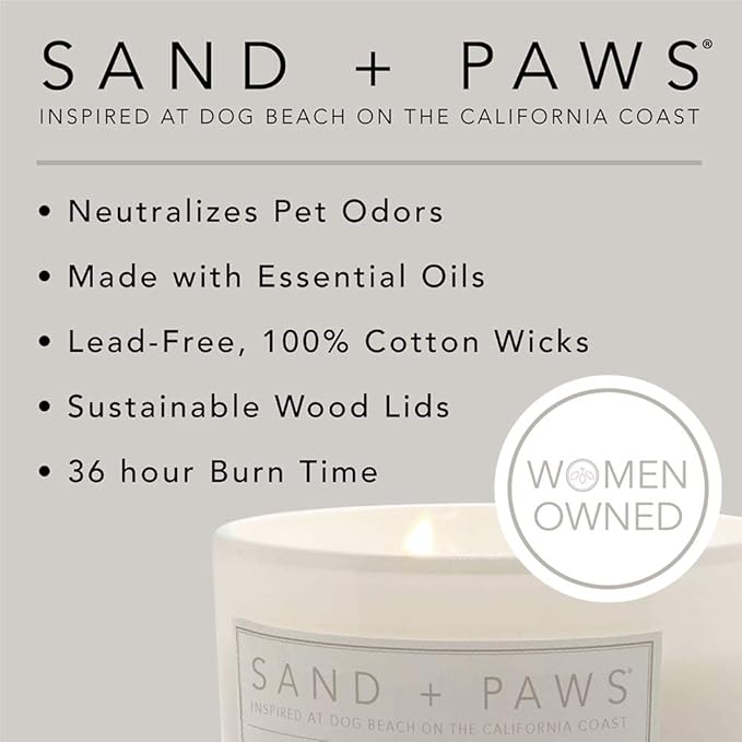 Sand + Paws Scented Candle - Ocean & Sea Salt - Additional Scents and Sizes –Luxurious Air Freshening Jar Candles Neutralize pet Odors and Enhance Home décor – 100% Cotton Lead-Free Wicks - 12 oz