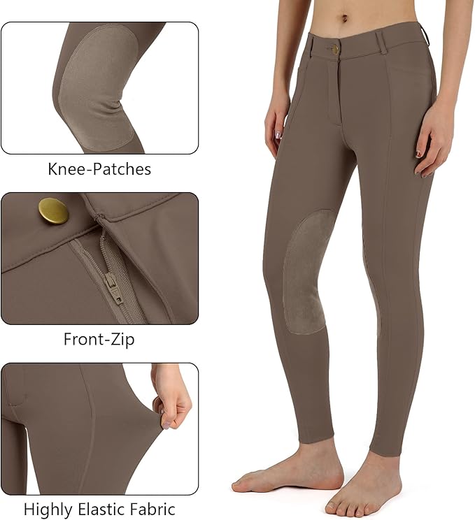 beroy Kids Horse Riding Knee-Patches Pants Girls Equestrian Front-Zip Breeches Legging with Pockets