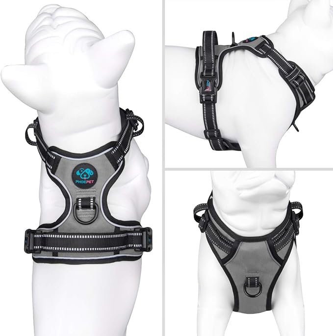 PHOEPET No Pull Dog Harness Medium Reflective Front Clip Vest with Handle, Adjustable 2 Metal Rings 2 Buckles(M, Grey)