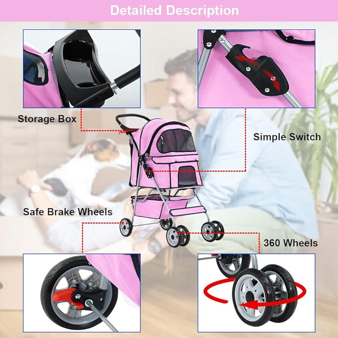 BestPet 4 Wheels Pet Stroller Cat Dog Cage Stroller Travel Folding Carrier 04T