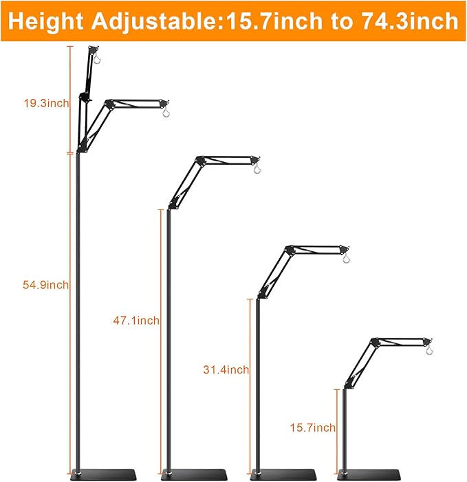 Reptile Lamp Stand Reptile Light Stand (15.7inch to 74.3inch) with 360° Adjustable Swing Arm, Heat Lamp Holder for Bearded Dragon Turtles Snake and Chicks