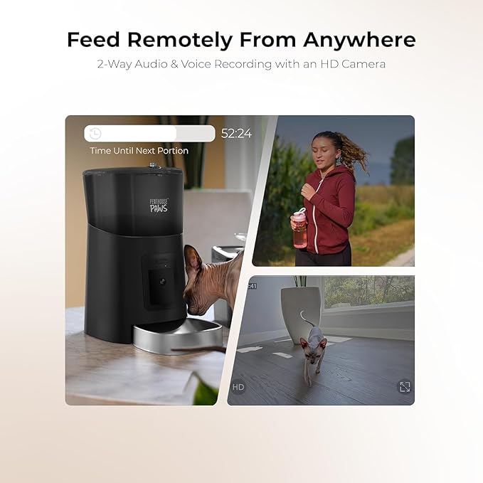Smart HD Automatic Cat Feeder with 1080P Camera & Night Vision, 2-Way Audio, WiFi App Control, Anti-Jam 6L Pet Feeder with Battery Backup, Schedules Up to 15 Meals for Cat & Dog Black Stainless Steel