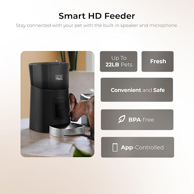Smart HD Automatic Cat Feeder with 1080P Camera & Night Vision, 2-Way Audio, WiFi App Control, Anti-Jam 6L Pet Feeder with Battery Backup, Schedules Up to 15 Meals for Cat & Dog Black Stainless Steel