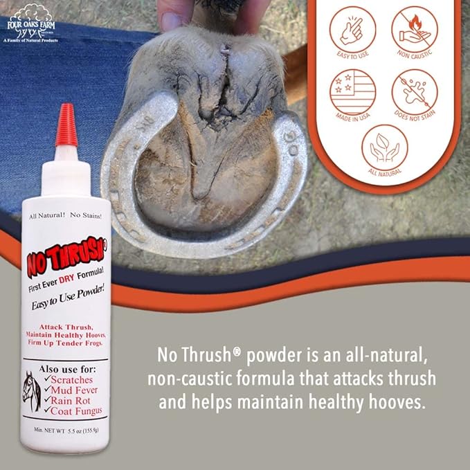 No Thrush Dry Powder Treatment for Horses - Wound Care, Scratches, Rain Rot, Mud Fever, Coat Issues - All Natural Ingredients, Non-caustic, Easy to Use Powder Formula (5.5 oz)