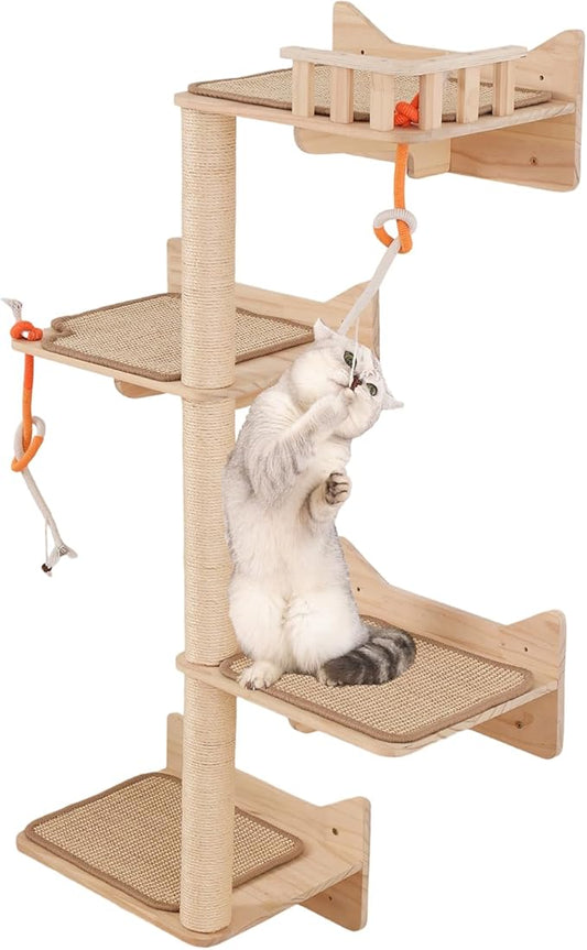KVIDA Cat Wall Shelves for Large Cats – 7PCS Solid Wood Wall-Mounted Cat Tree with 3 Sisal Posts, Wide Perches & Lookout Tower, Space-Saving Climbing Furniture for Indoor Homes