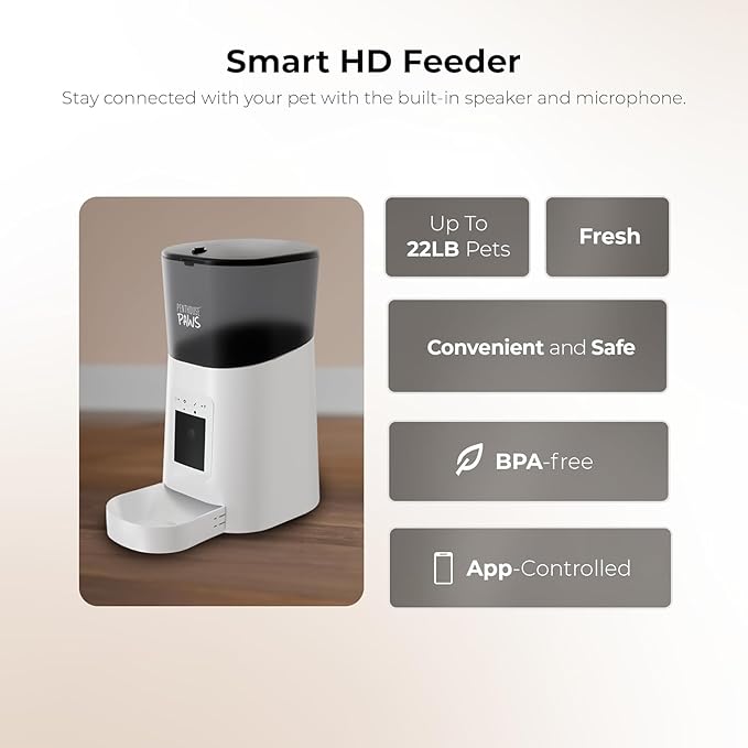 Smart HD Automatic Cat Feeder with 1080P Camera & Night Vision, 2-Way Audio, WiFi App Control, Anti-Jam 6L Pet Feeder with Battery Backup, Schedules Up to 15 Meals for Cat & Dog (White)