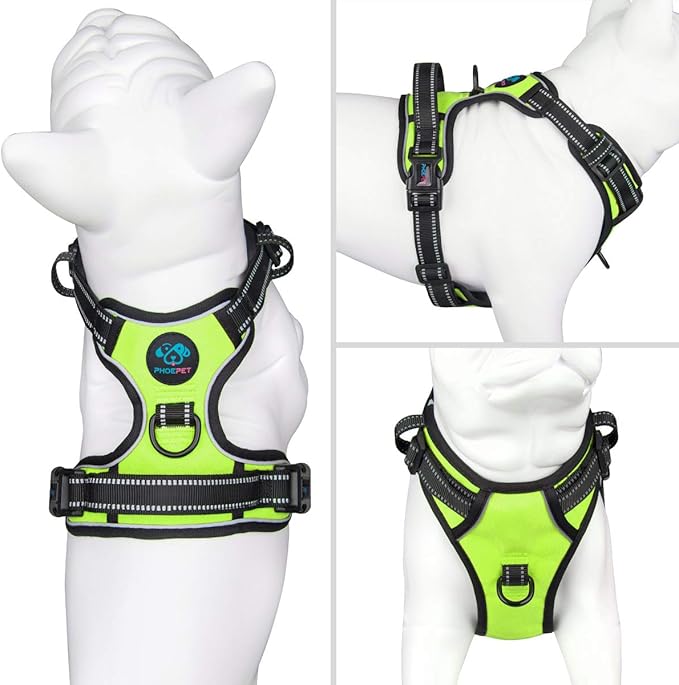 PHOEPET No Pull Dog Harnesses for Small Puppies Reflective Adjustable Front Clip Vest with 2 Metal Leash Attachment Hooks Soft Handle(S, Green)
