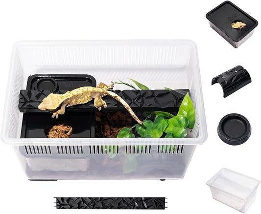 Gecko Habitat Kit - 3.5 Gallon Reptile Terrarium with Ventilated Lid, Gecko Tank with Humidity Hide, Reptiles Ledge, Feeding Dish - Stackable Lizard Terrarium for Geckos, Amphibians, Small Animals