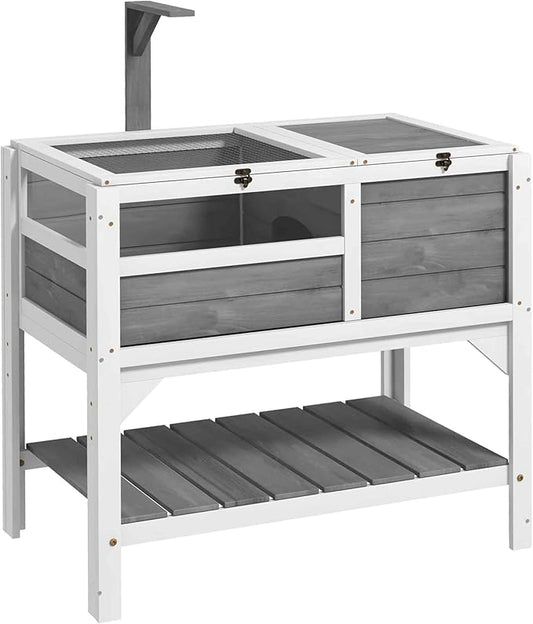 PawHut Tortoise Habitat with Shelf Storage, Tortoise Enclosure with Weather Protection, Reptile Enclosure with Tray, Light Support Frame, Light Gray